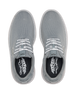 A pair of gray canvas lace-up shoes shown from a top-down view on a white background, featuring white laces and a black insole with the Straight Downs logo.