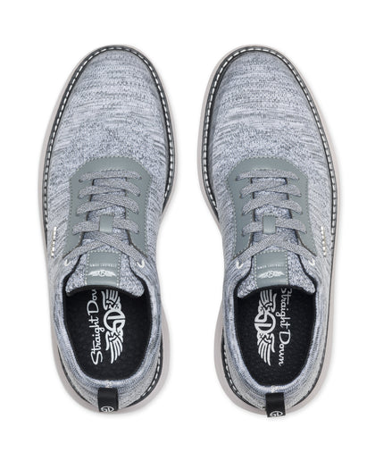 Men's Challenger Shoe in Carbon, top down view featuring a heathered gray knit upper with gray laces, black welt stitch detail, and a branded insole
