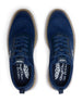 Men's Challenger Shoe in Indigo, top down view featuring a navy knit upper with navy laces, tan welt stitch detail, and a branded insole