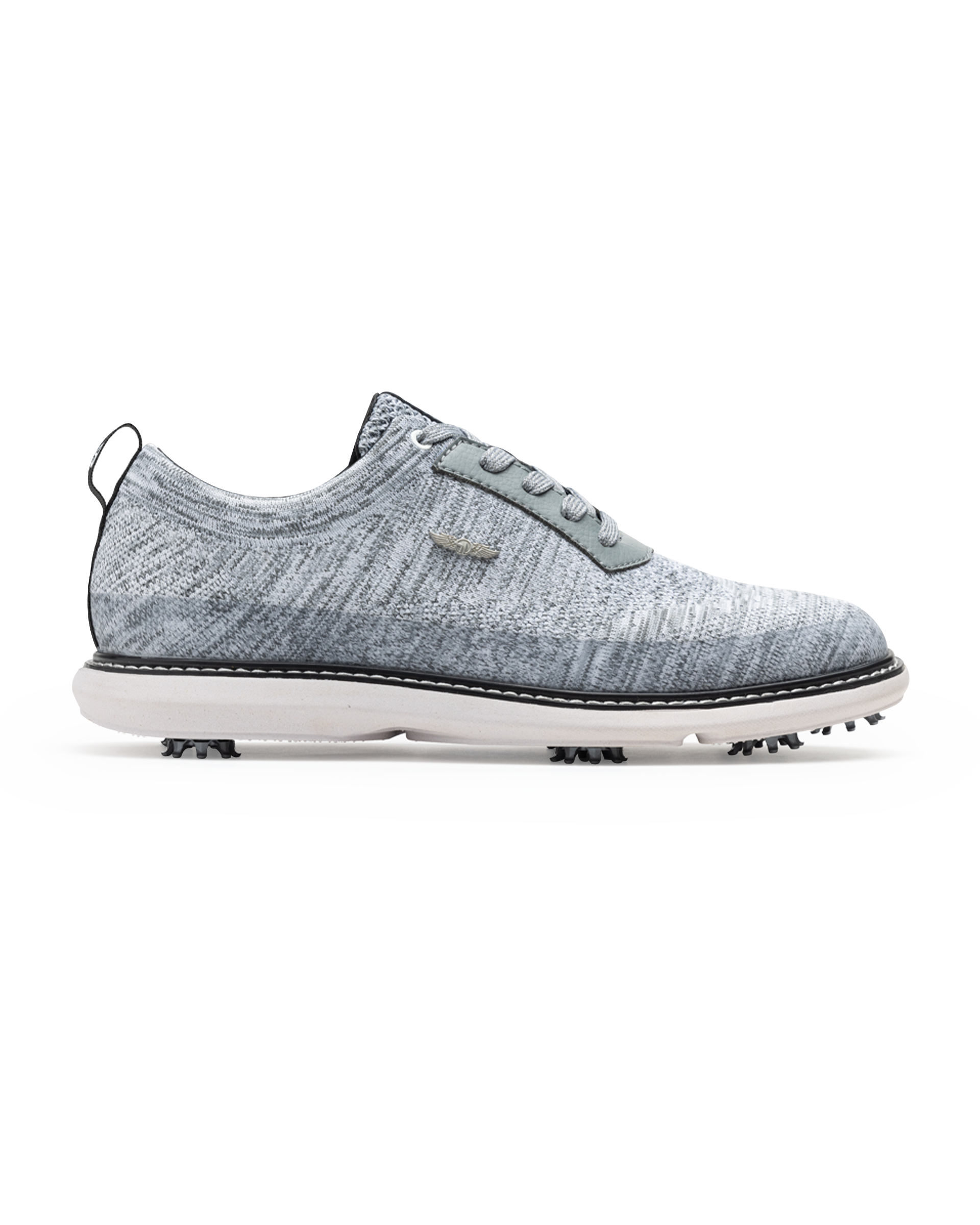 Men's Challenger Shoe in Carbon, side profile view featuring a heathered gray knit upper with gray laces, a silver wing logo badge, gray leather trim, a black welt stitch detail, white midsole, and spiked outsole