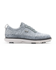 Men's Challenger Shoe in Carbon, side profile view featuring a heathered gray knit upper with gray laces, a silver wing logo badge, gray leather trim, a black welt stitch detail, white midsole, and spiked outsole