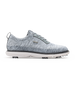 Men's Challenger Shoe in Carbon, side profile view featuring a heathered gray knit upper with gray laces, a silver wing logo badge, gray leather trim, a black welt stitch detail, white midsole, and spiked outsole