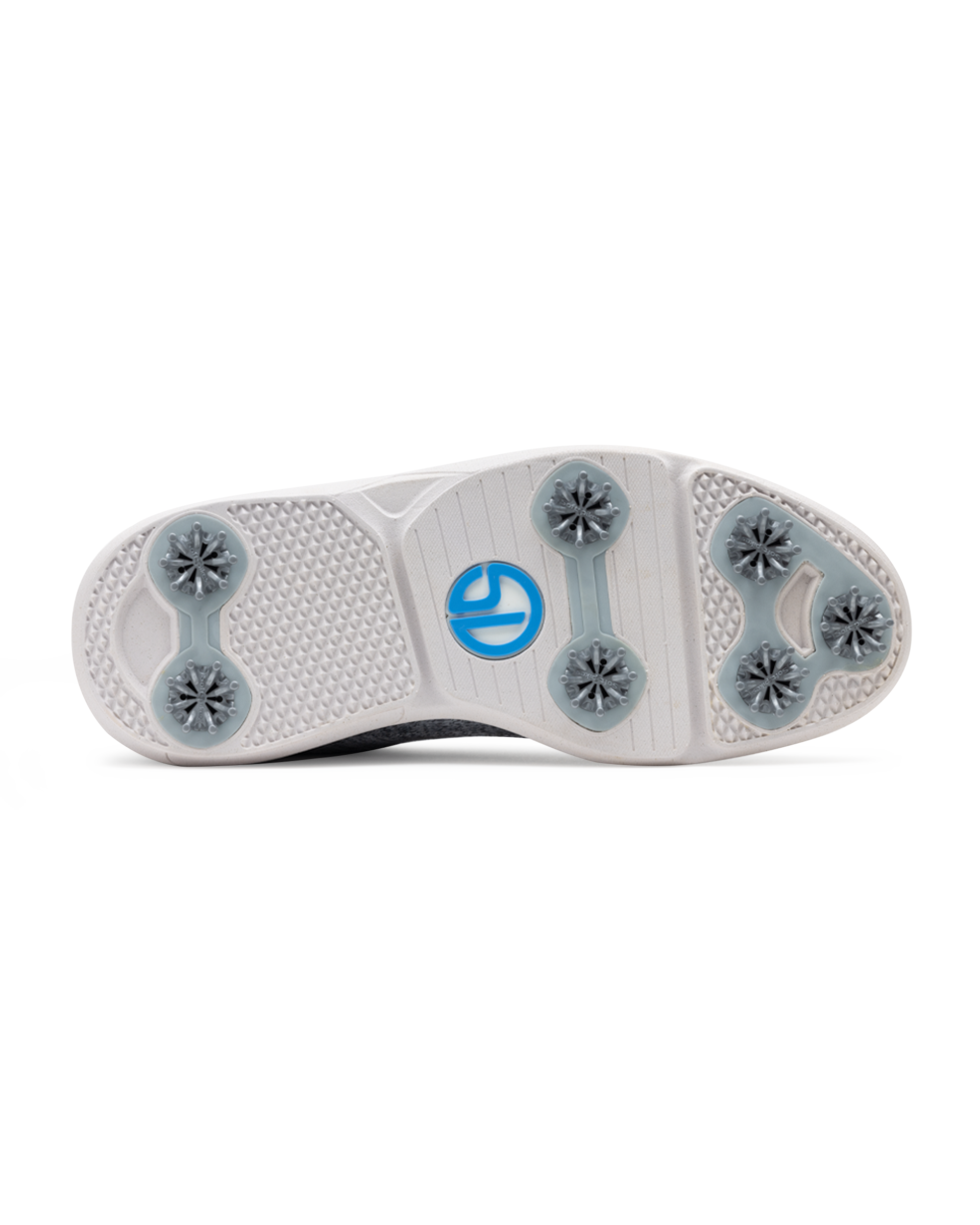 Men's Challenger Shoe in Carbon, bottom sole view featuring a white rubber outsole with gray spike cleats, textured traction zones, and a blue and white branded logo badge