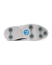 Men's Challenger Shoe in Carbon, bottom sole view featuring a white rubber outsole with gray spike cleats, textured traction zones, and a blue and white branded logo badge