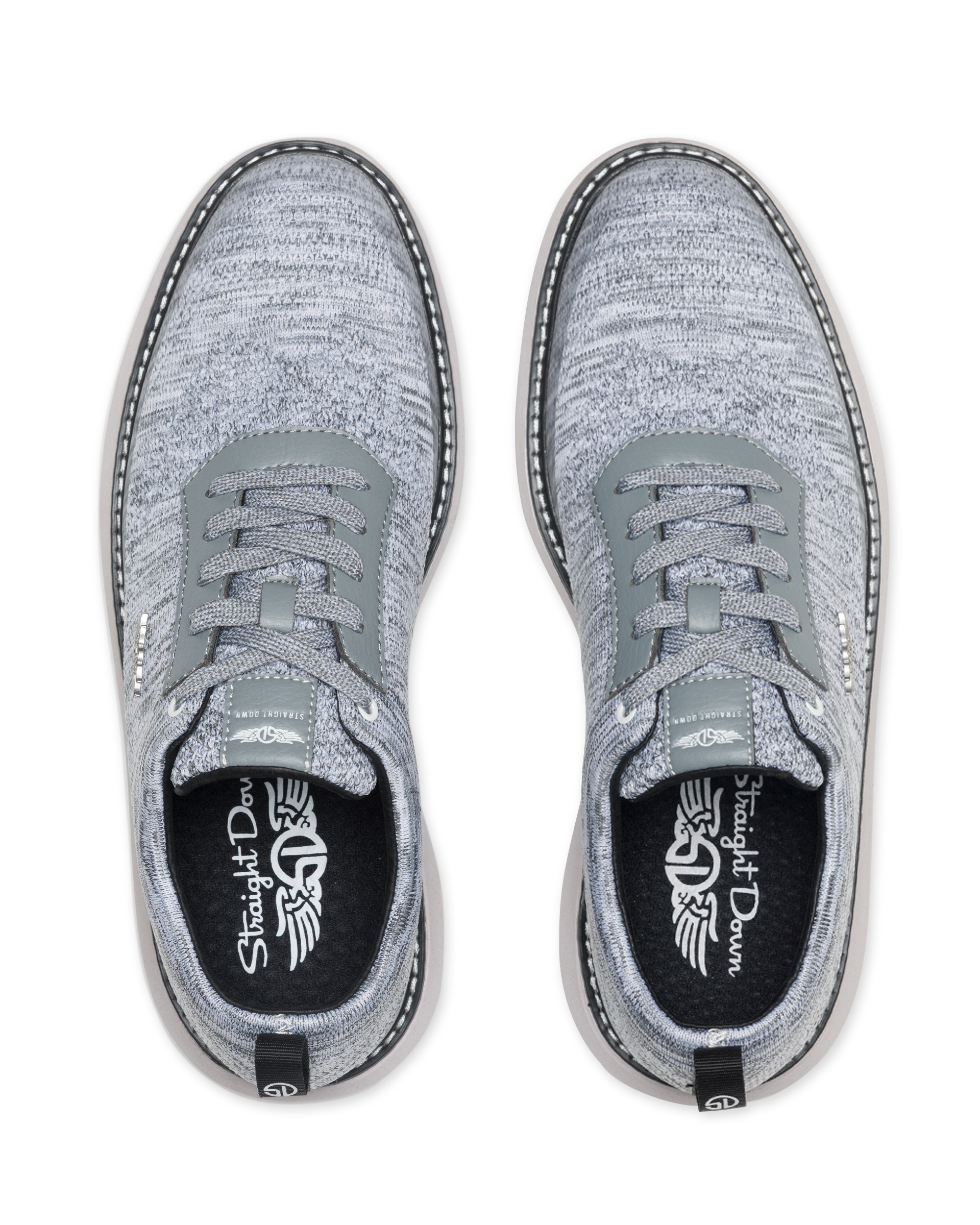 Men's Challenger Shoe in Carbon, top down view featuring a heathered gray knit upper with gray laces, black welt stitch detail, and a branded insole