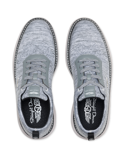 Men's Challenger Shoe in Carbon, top down view featuring a heathered gray knit upper with gray laces, black welt stitch detail, and a branded insole