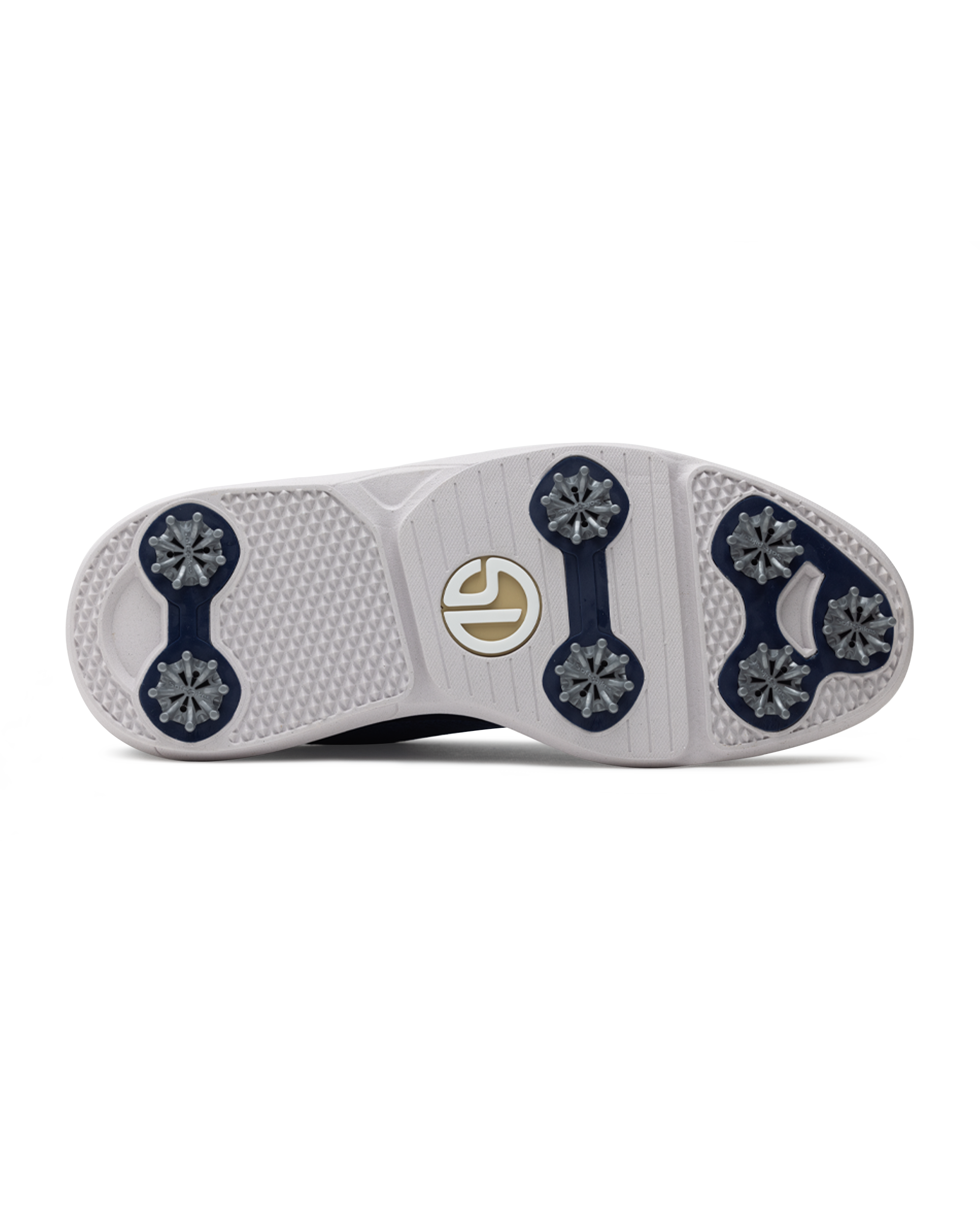 Men's Challenger Shoe in Indigo, bottom sole view featuring a white rubber outsole with navy spike cleats, textured traction zones, and a gold and white branded logo badge