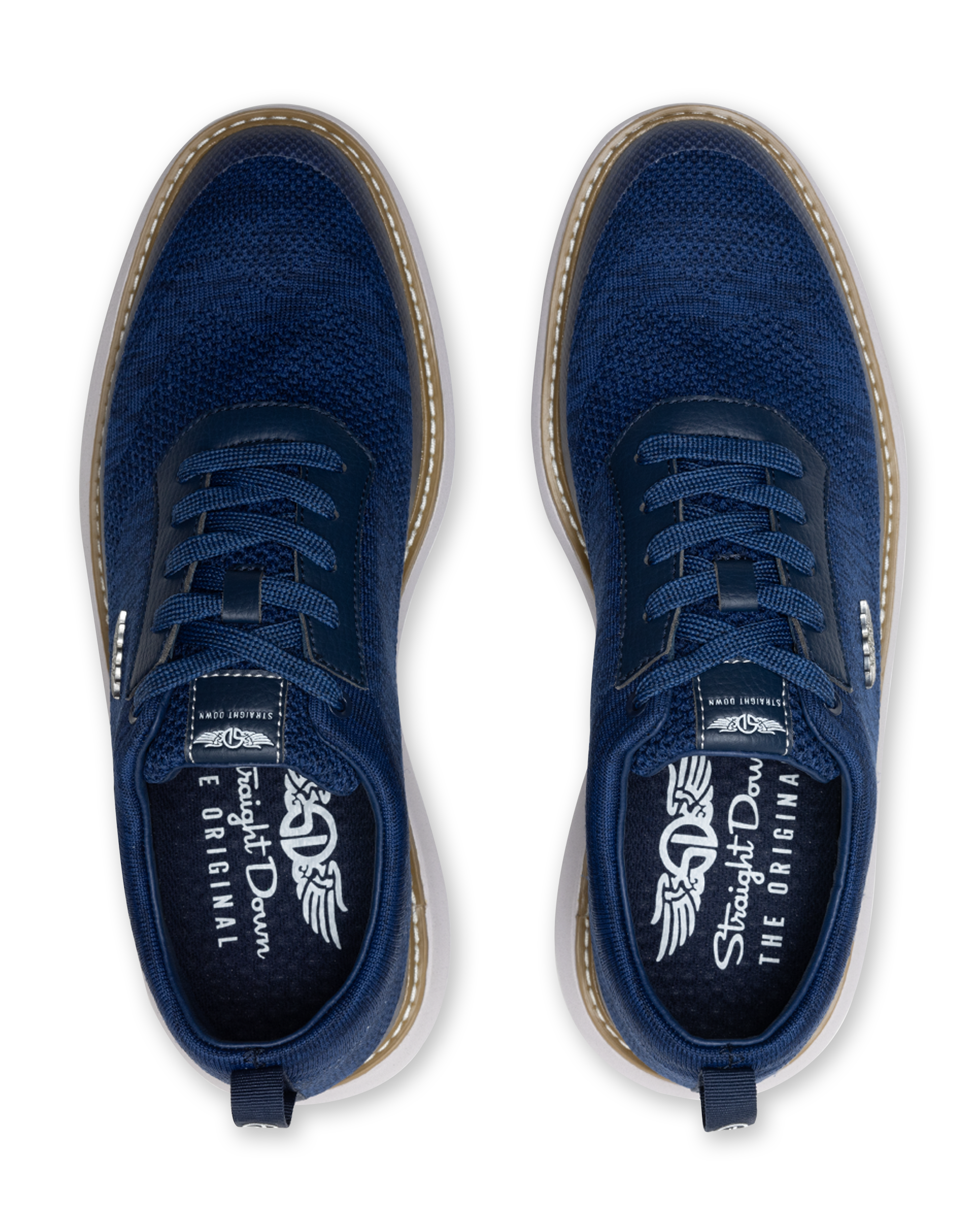Men's Challenger Shoe in Indigo, top down view featuring a navy knit upper with navy laces, tan welt stitch detail, and a branded insole