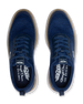 Men's Challenger Shoe in Indigo, top down view featuring a navy knit upper with navy laces, tan welt stitch detail, and a branded insole