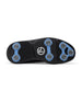 Men's Derby Shoe in Black, bottom view featuring a black rubber outsole with light blue spike mounts, silver replaceable cleats, and a centered black and white Straight Down logo badge