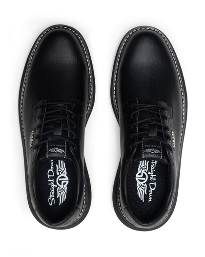Men's Derby Shoe in Black, top down view of a pair featuring black pebbled leather uppers with black lacing system, contrast stitch midsole trim, and branded Straight Down insoles visible