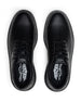 Men's Derby Shoe in Black, top down view of a pair featuring black pebbled leather uppers with black lacing system, contrast stitch midsole trim, and branded Straight Down insoles visible