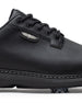 Men's Derby Shoe in Black, close-up side view featuring black pebbled leather upper with silver winged Straight Down logo badge on tongue tab, black lacing system, contrast stitch midsole trim, and spiked outsole