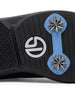 Men's Derby Shoe in Black, close-up bottom view featuring a black rubber outsole with light blue spike mounts, silver replaceable cleats, and a centered black and white Straight Down logo badge