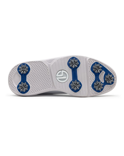 Men's Derby Shoe in White, bottom view featuring a white rubber outsole with royal blue spike mounts, silver cleats, and a centered white and grey Straight Down logo badge