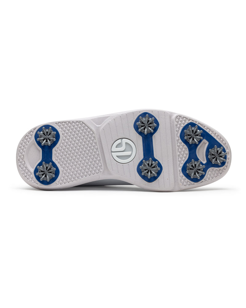 Men's Derby Shoe in White, bottom view featuring a white rubber outsole with royal blue spike mounts, silver cleats, and a centered white and grey Straight Down logo badge