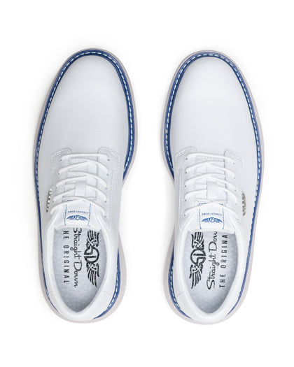 Men's Derby Shoe in White, top down view of a pair featuring white leather uppers with white lacing system, royal blue midsole trim, and branded Straight Down insoles visible