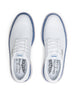 Men's Derby Shoe in White, top down view of a pair featuring white leather uppers with white lacing system, royal blue midsole trim, and branded Straight Down insoles visible