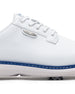 Men's Derby Shoe in White, close-up side view featuring white leather upper with silver winged Straight Down logo badge on tongue tab, white lacing system, royal blue midsole trim accent, and spiked outsole