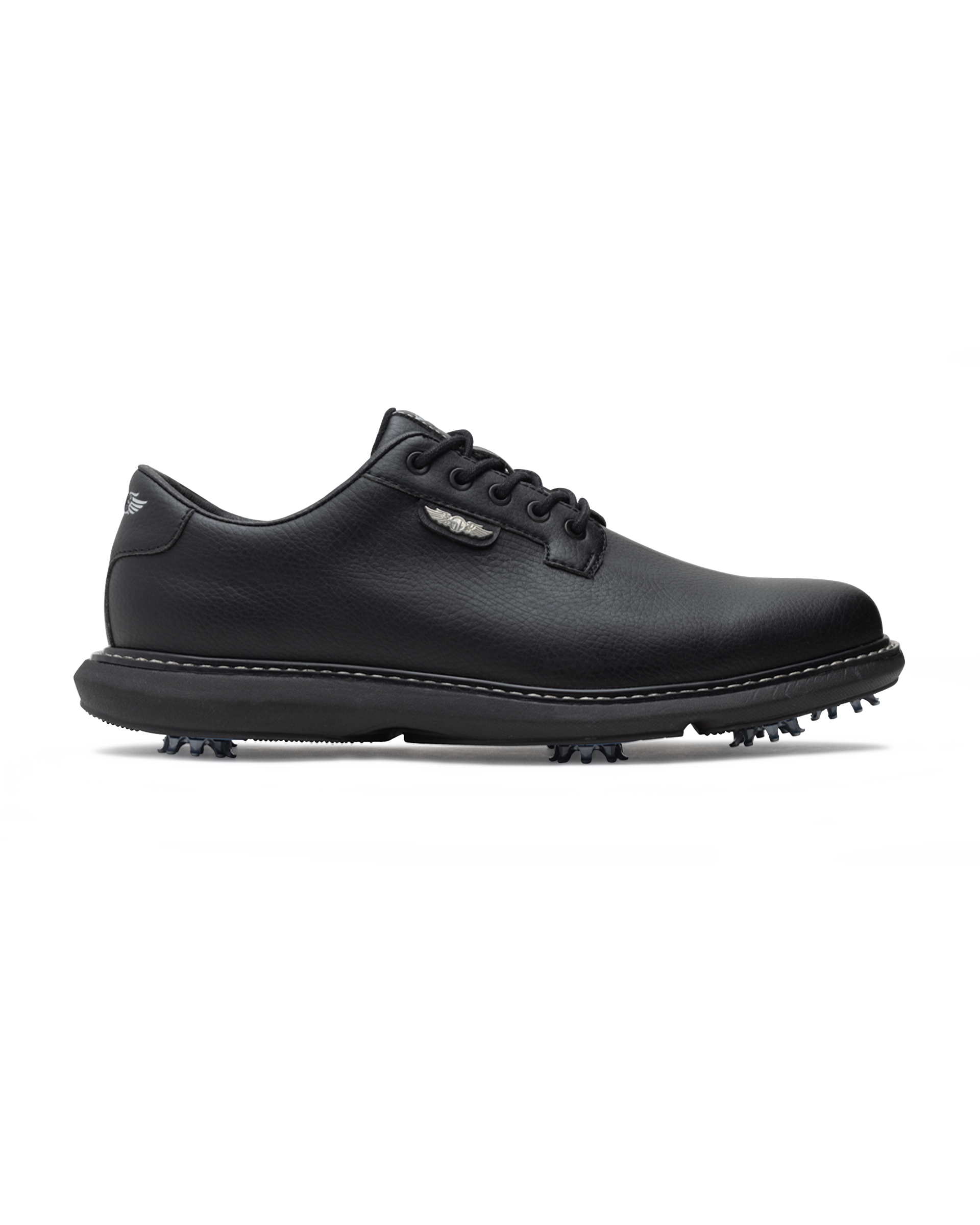 Derby Golf Shoe in Black, side view featuring a black leather lace-up golf shoe with tonal stitching, Straight Down logo badge, and spiked outsole
