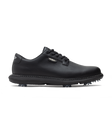 Derby Golf Shoe in Black, side view featuring a black leather lace-up golf shoe with tonal stitching, Straight Down logo badge, and spiked outsole
