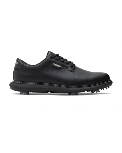 Derby Golf Shoe in Black, side view featuring a black leather lace-up golf shoe with tonal stitching, Straight Down logo badge, and spiked outsole