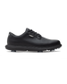 Derby Golf Shoe in Black, side view featuring a black leather lace-up golf shoe with tonal stitching, Straight Down logo badge, and spiked outsole