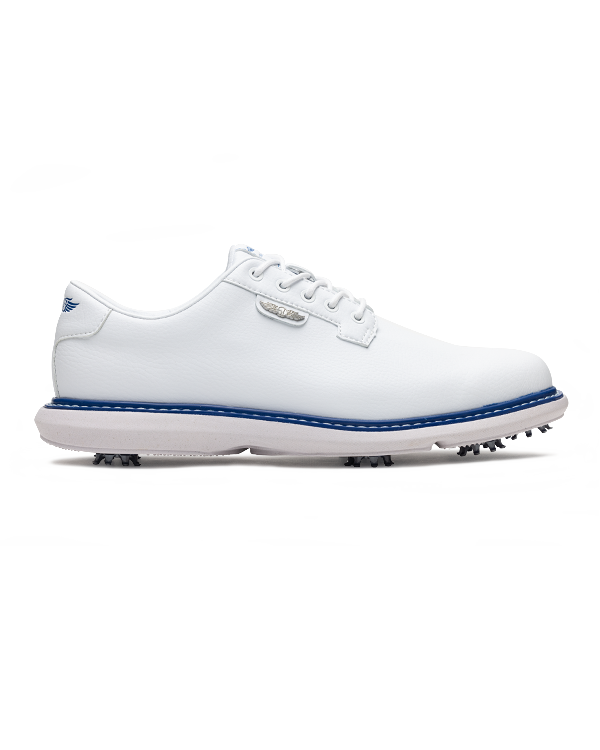 Derby Golf Shoe in White, side view featuring a white leather lace-up golf shoe with contrast navy midsole stitching, Straight Down logo badge, and spiked outsole