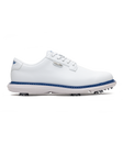 Derby Golf Shoe in White, side view featuring a white leather lace-up golf shoe with contrast navy midsole stitching, Straight Down logo badge, and spiked outsole