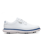 Derby Golf Shoe in White, side view featuring a white leather lace-up golf shoe with contrast navy midsole stitching, Straight Down logo badge, and spiked outsole