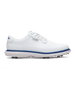 Derby Golf Shoe in White, side view featuring a white leather lace-up golf shoe with contrast navy midsole stitching, Straight Down logo badge, and spiked outsole