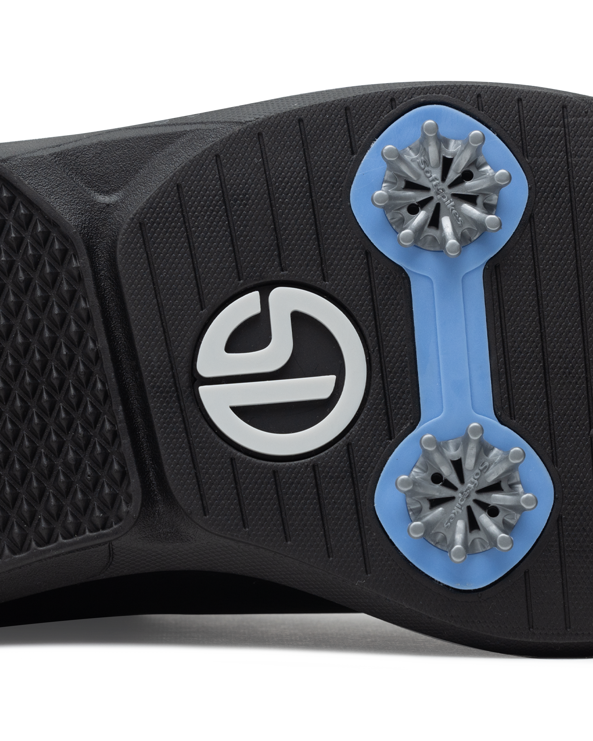 Men's Derby Shoe in Black, close-up bottom view featuring a black rubber outsole with light blue spike mounts, silver replaceable cleats, and a centered black and white Straight Down logo badge