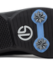 Men's Derby Shoe in Black, close-up bottom view featuring a black rubber outsole with light blue spike mounts, silver replaceable cleats, and a centered black and white Straight Down logo badge