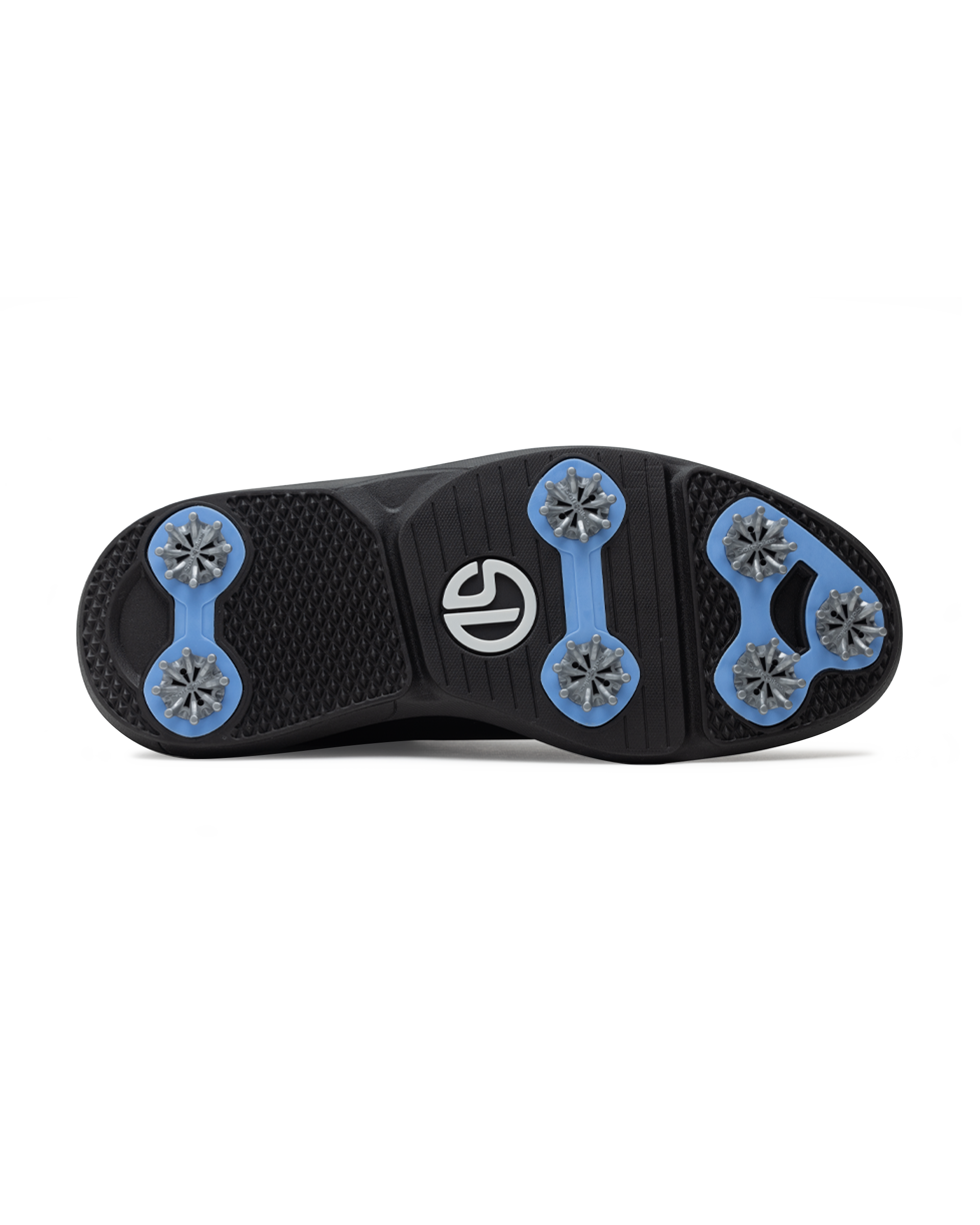 Men's Derby Shoe in Black, bottom view featuring a black rubber outsole with light blue spike mounts, silver replaceable cleats, and a centered black and white Straight Down logo badge