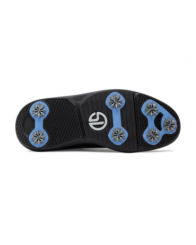 Men's Derby Shoe in Black, bottom view featuring a black rubber outsole with light blue spike mounts, silver replaceable cleats, and a centered black and white Straight Down logo badge