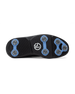 Men's Derby Shoe in Black, bottom view featuring a black rubber outsole with light blue spike mounts, silver replaceable cleats, and a centered black and white Straight Down logo badge