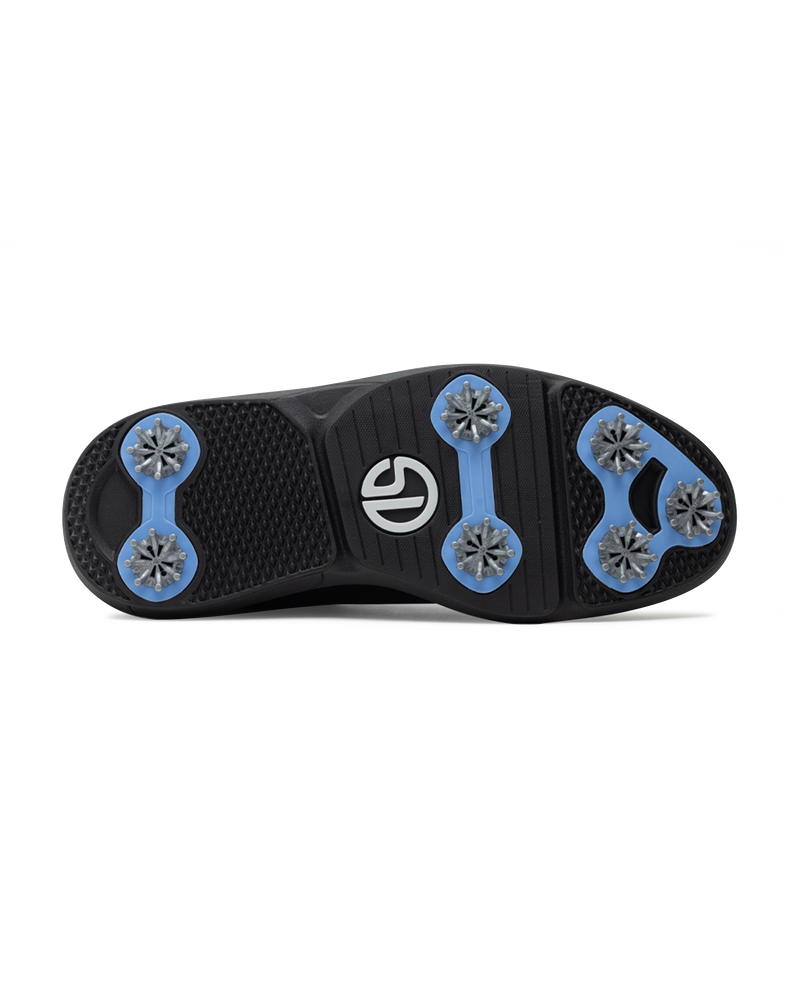 Men's Derby Shoe in Black, bottom view featuring a black rubber outsole with light blue spike mounts, silver replaceable cleats, and a centered black and white Straight Down logo badge