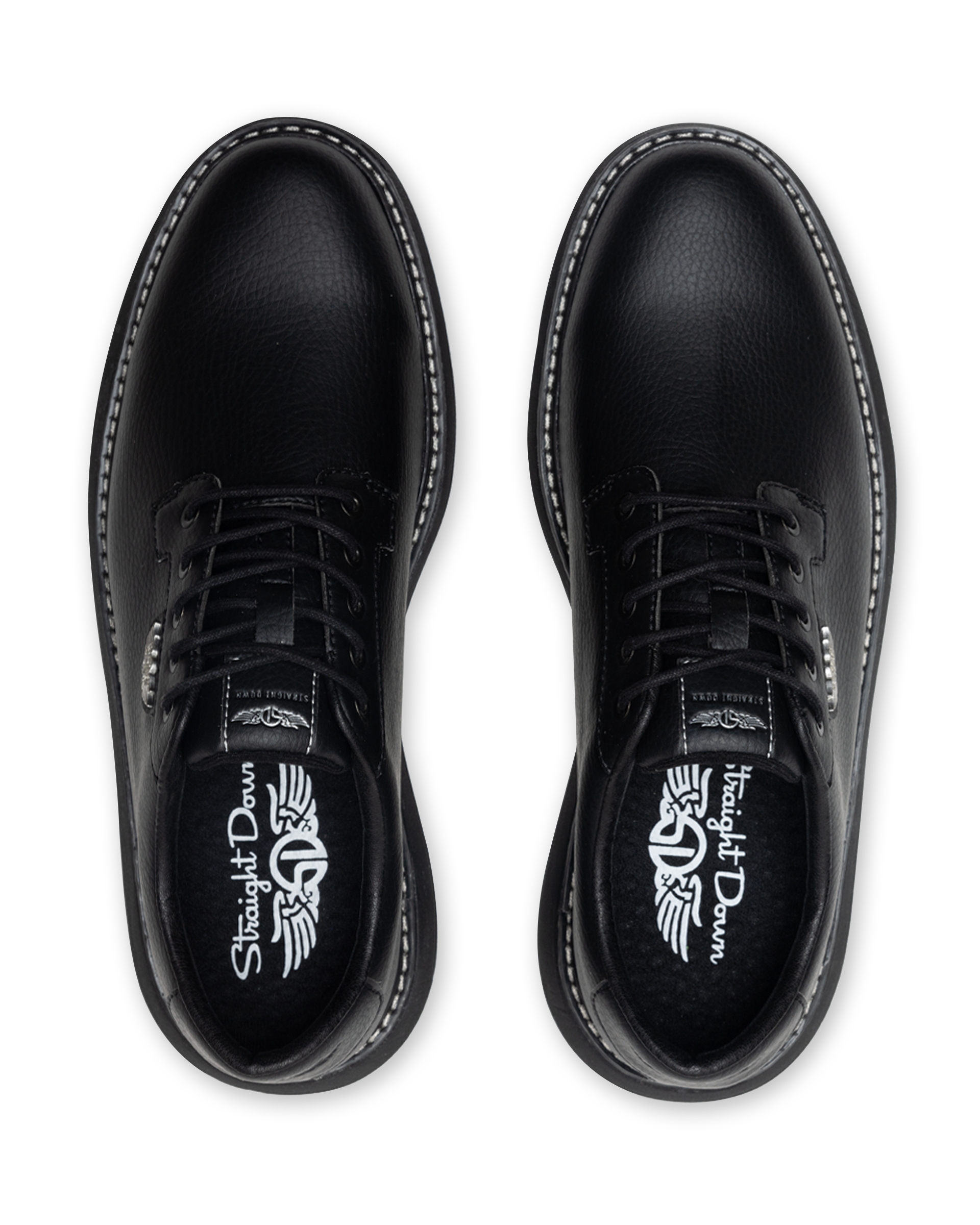 Men's Derby Shoe in Black, top down view of a pair featuring black pebbled leather uppers with black lacing system, contrast stitch midsole trim, and branded Straight Down insoles visible