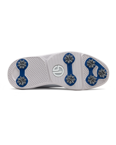 Men's Derby Shoe in White, bottom view featuring a white rubber outsole with royal blue spike mounts, silver cleats, and a centered white and grey Straight Down logo badge