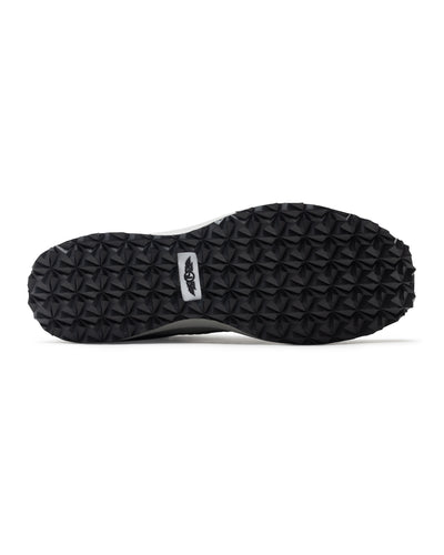 Men's Moonlight V2 Shoe in Black, bottom view featuring a black geometric pyramid-textured rubber outsole with a white and black Straight Down logo badge at the center