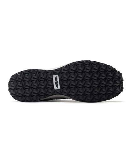 Men's Moonlight V2 Shoe in Black, bottom view featuring a black geometric pyramid-textured rubber outsole with a white and black Straight Down logo badge at the center