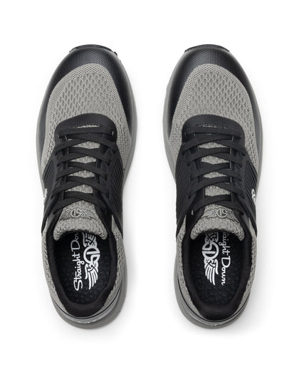 Men's Moonlight V2 Shoe in Black, top down view of a pair featuring light grey knit uppers with black lacing system and silver Straight Down logo at the collar, with branded insoles visible