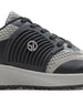 Men's Moonlight V2 Shoe in Black, close-up side view featuring charcoal ribbed rubber overlay with silver Straight Down logo medallion, light grey knit panels, and a white midsole