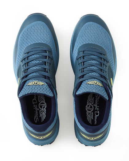 Men's Moonlight V2 Shoe in Deep Sea, top down view of a pair featuring steel blue knit uppers with teal lacing system and gold Straight Down logo at the tongue, with branded insoles visible