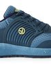 Men's Moonlight V2 Shoe in Deep Sea, close-up side view featuring teal ribbed rubber overlay with gold Straight Down logo medallion, steel blue knit panels, and a speckled light blue midsole