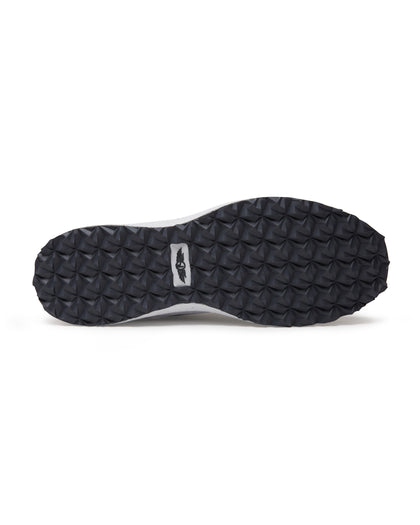 Men's Moonlight V2 Shoe in Granite, bottom view featuring a black pyramid-textured rubber outsole with a Straight Down logo tag at the center