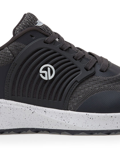 Men's Moonlight V2 Shoe in Granite, close-up detail view highlighting the molded rubber overlay with concentric arc detailing, Straight Down logo badge, charcoal knit texture, and speckled white midsole