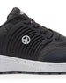 Men's Moonlight V2 Shoe in Granite, close-up detail view highlighting the molded rubber overlay with concentric arc detailing, Straight Down logo badge, charcoal knit texture, and speckled white midsole