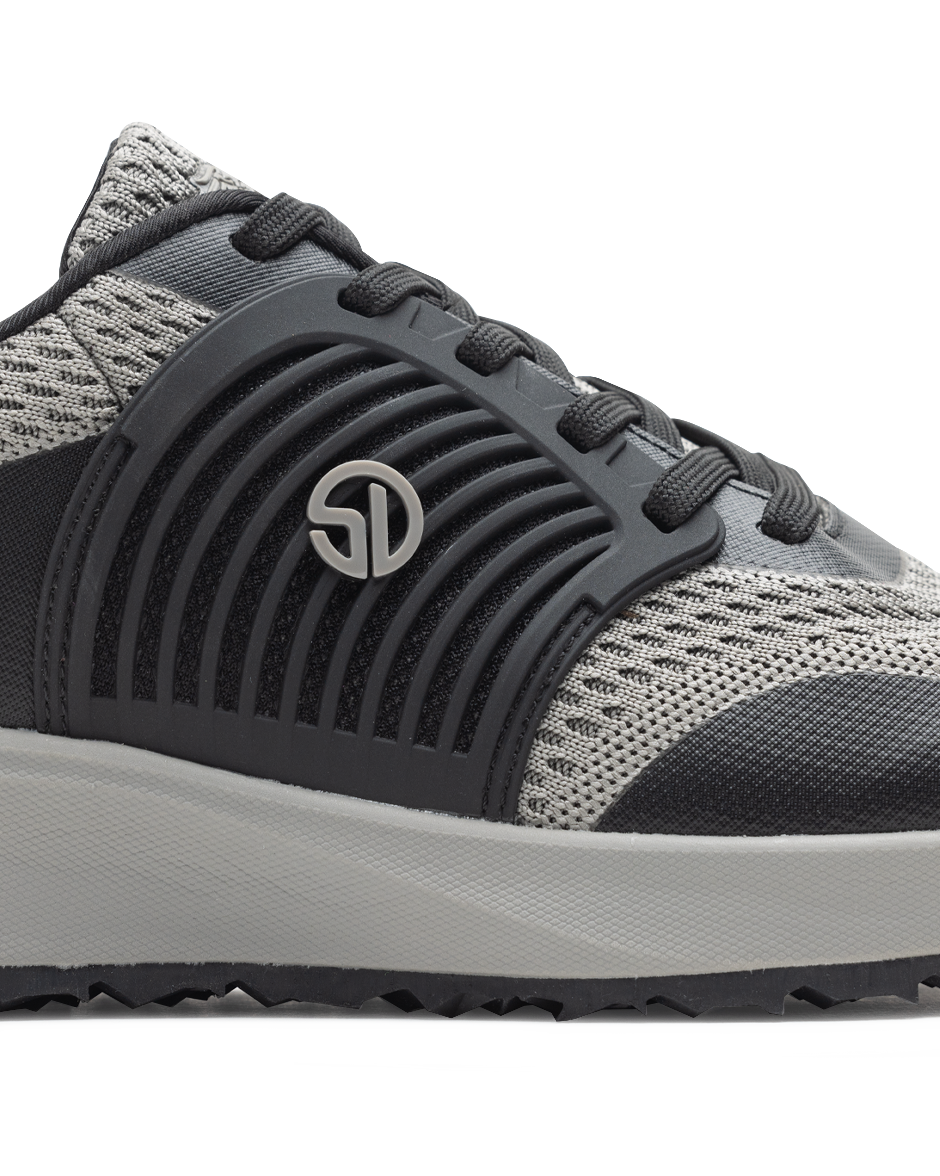 Men's Moonlight V2 Shoe in Black, close-up side view featuring charcoal ribbed rubber overlay with silver Straight Down logo medallion, light grey knit panels, and a white midsole