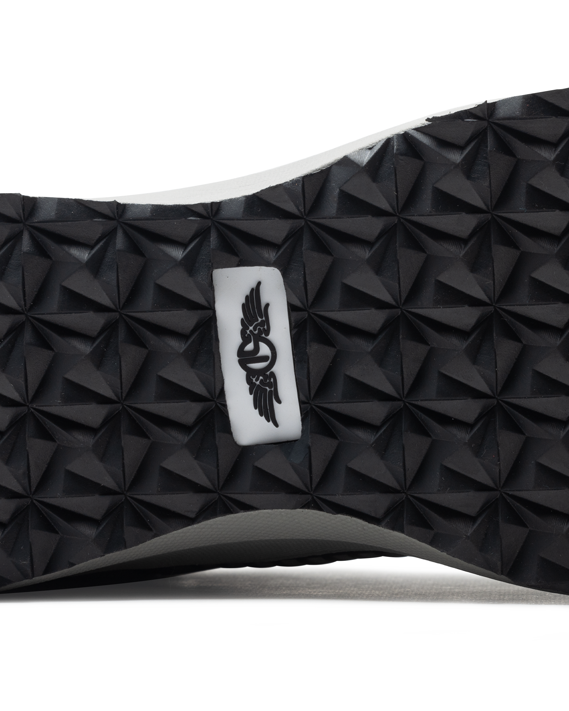 Men's Moonlight V2 Shoe in Black, close-up bottom view featuring a black geometric pyramid-textured rubber outsole with a centered white and black Straight Down logo badge and white midsole edge